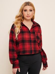 SHEIN LUNE Camisa con botón con bolsillo delantero de cuadros - Rojo - Ver 4