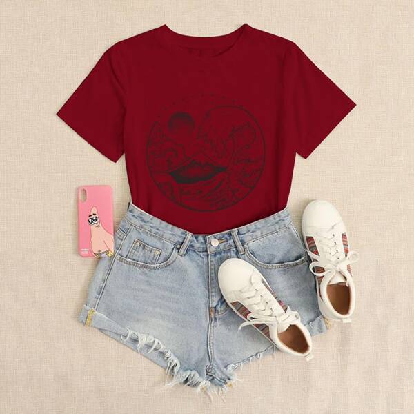

Wave Print Round Neck Tee, Burgundy