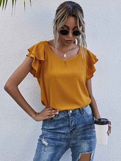Layered Ruffle Butterfly Sleeve Blouse
