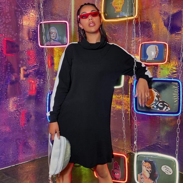 

Contrast Panel High Neck Sweatshirt Dress, Black