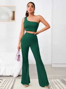 SHEIN BAE One Shoulder Crop Top and Flare Leg Trousers Set - Green - View 1