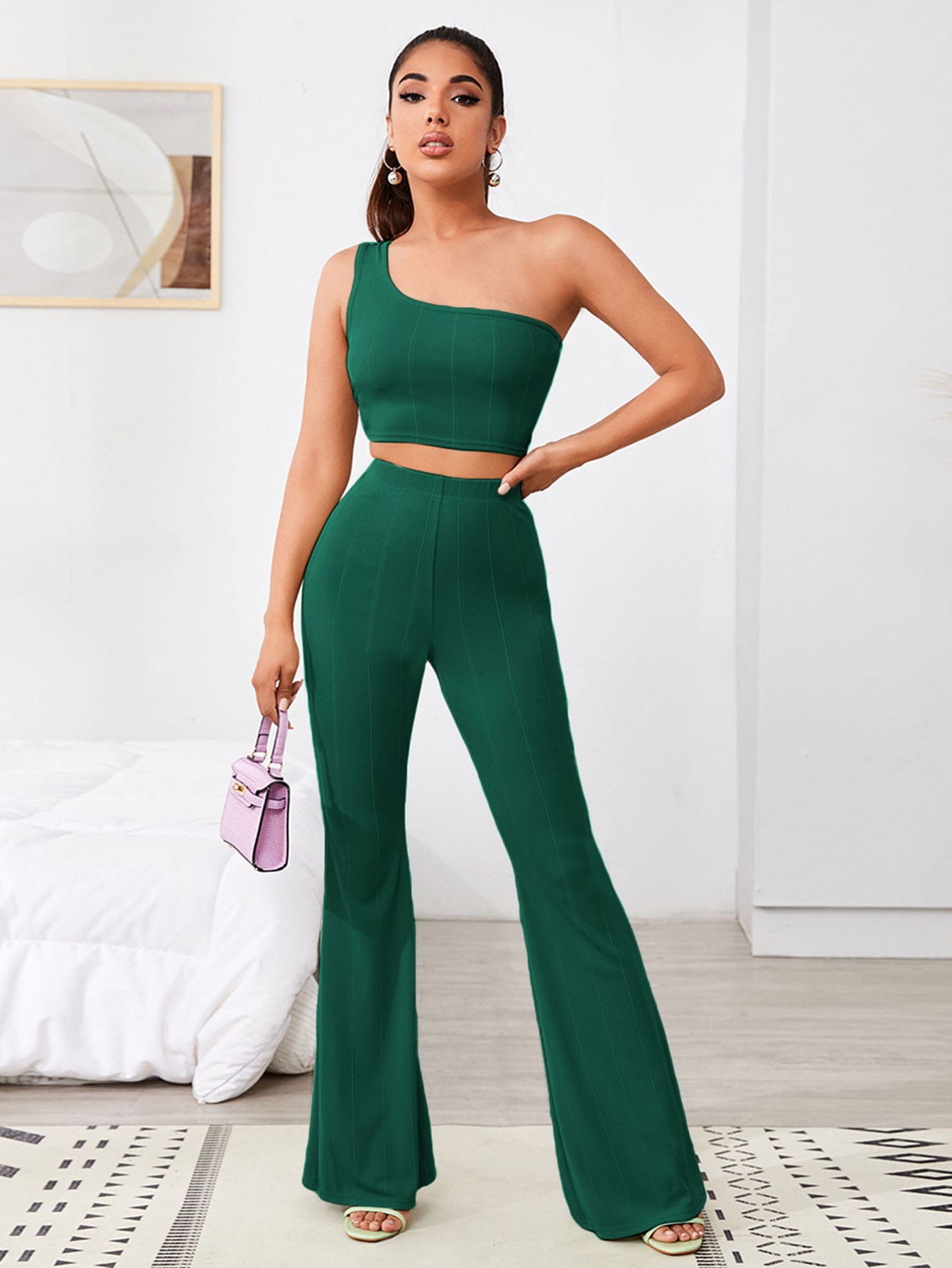 SHEIN BAE One Shoulder Crop Top and Flare Leg Trousers Set - Green - View 1