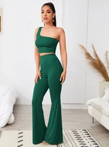 SHEIN BAE One Shoulder Crop Top and Flare Leg Trousers Set - Green - View 3