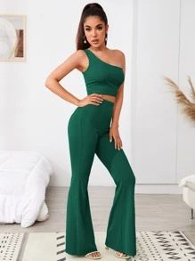 SHEIN BAE One Shoulder Crop Top and Flare Leg Trousers Set - Green - View 4