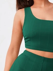 SHEIN BAE One Shoulder Crop Top and Flare Leg Trousers Set - Green - View 5