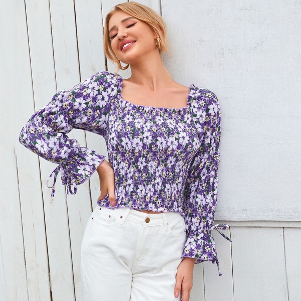 

Floral Print Frill Trim Shirred Blouse, Multicolor