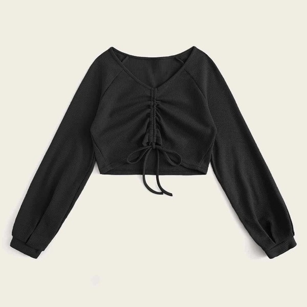 

Plus Drawstring Ruched Raglan Sleeve Tee, Black