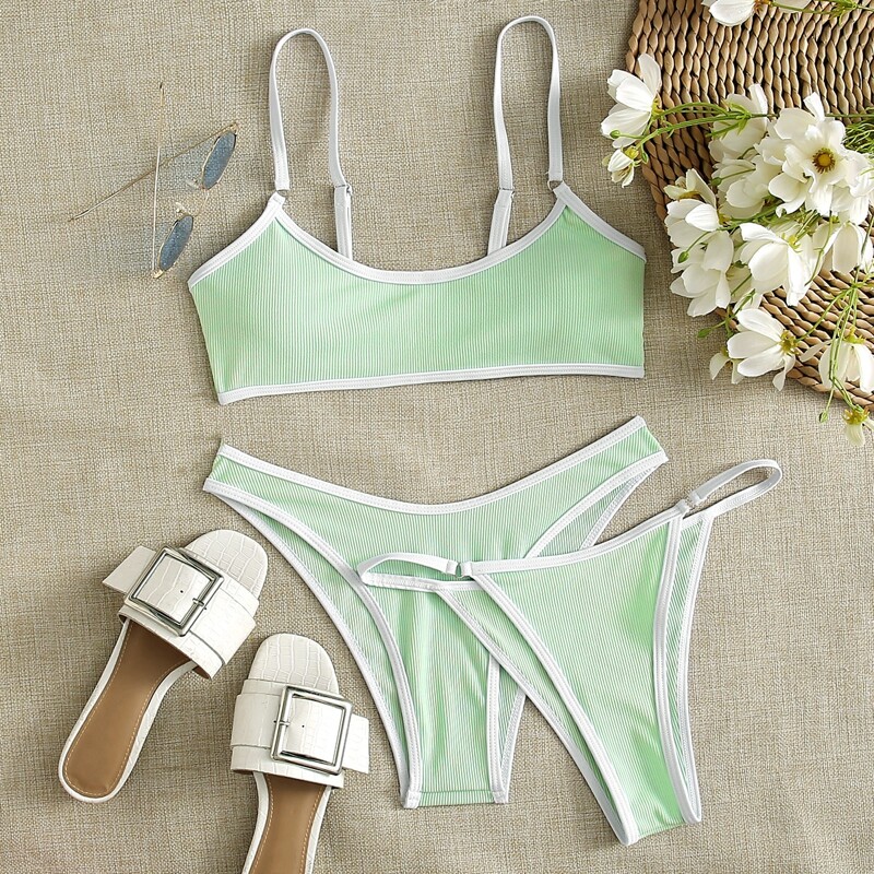 

3pack Rib Contrast Binding Thong Bikini Swimsuit, Mint green