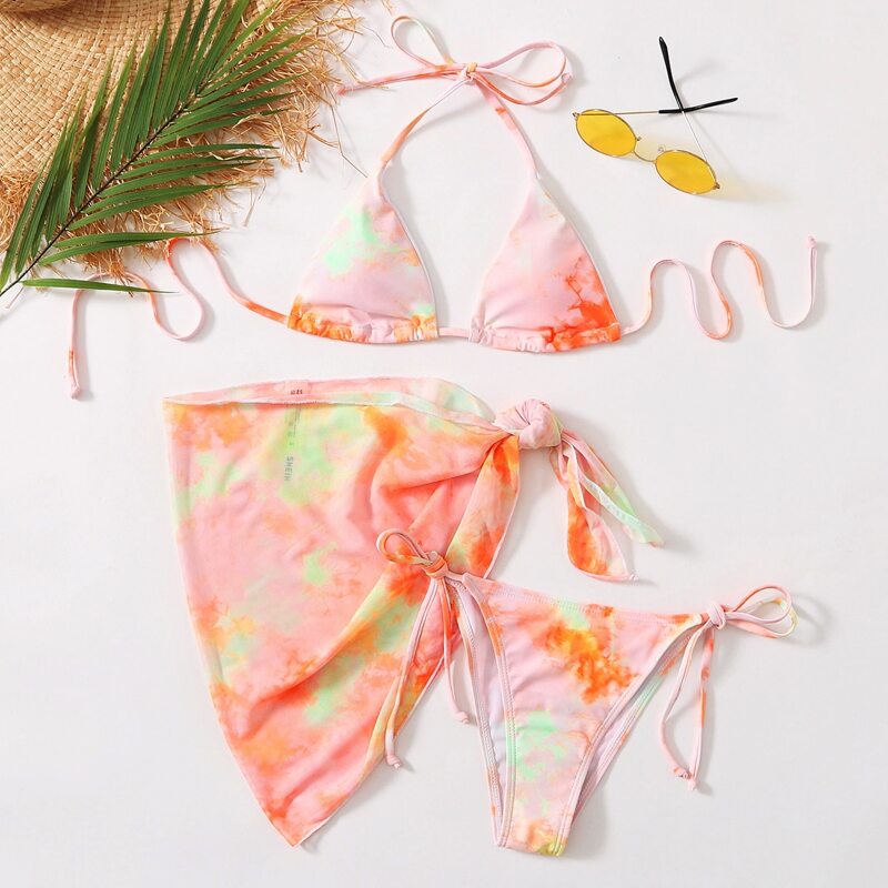 

3pack Tie Dye Triangle Bikini Swimsuit & Beach Skirt, Multicolor