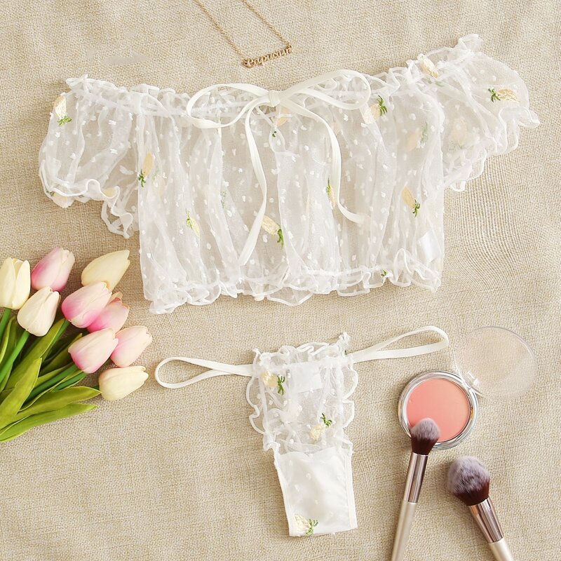 

Fruit Embroidery Dobby Mesh Lingerie Set, White