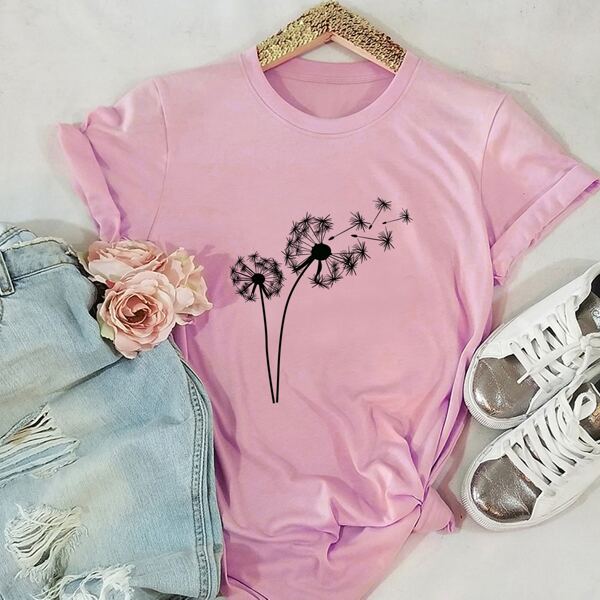 

Dandelion Print Crew Neck Tee, Baby pink