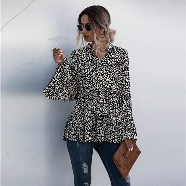 

All Over Print Flounce Sleeve Babydoll Blouse, Multicolor