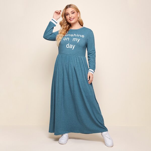 

Plus Slogan Graphic Striped Cuff Dress, Dusty blue