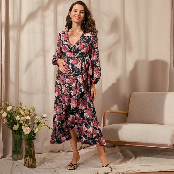 

Maternity Floral Print Lantern Sleeve Tie Side Wrap Dress, Multicolor