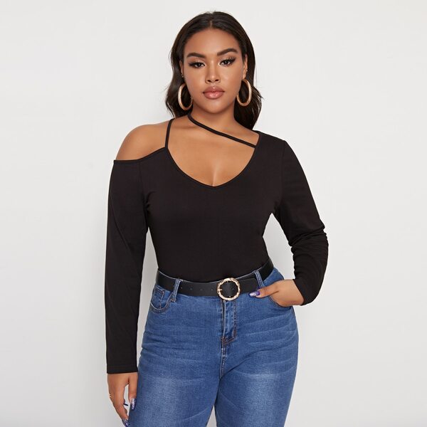 

Plus Asymmetrical Neck Form Fitted Tee, Black