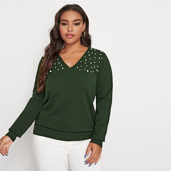 

Plus V-neck Pearls Beaded Sweater, Dark green
