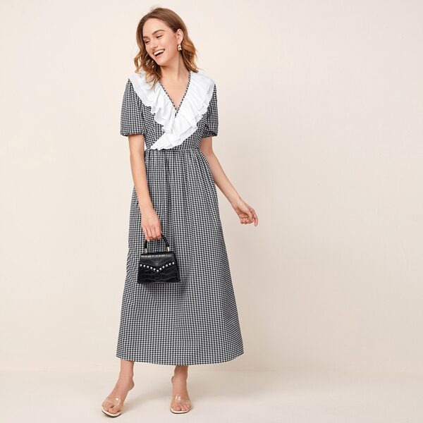 

Ruffle Trim Colorblock Houndstooth Print Dress, Black and white