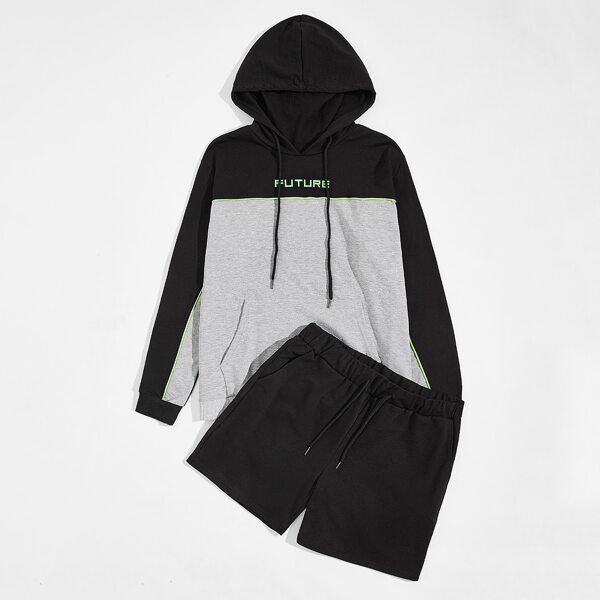 

Men Letter Graphic Pouch Pocket Two Tone Hoodie & Track Shorts Set, Multicolor