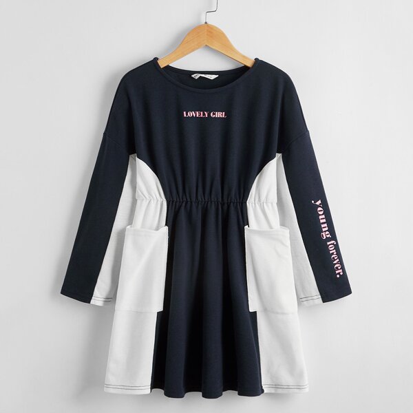 

Girls Drop Shoulder Letter Graphic Colorblock Dress, Navy blue