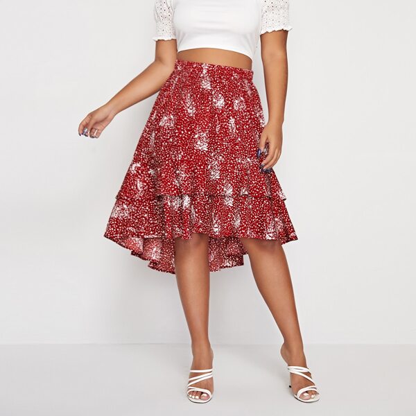 

Plus Allover Print Layered Dip Hem Skirt, Burgundy