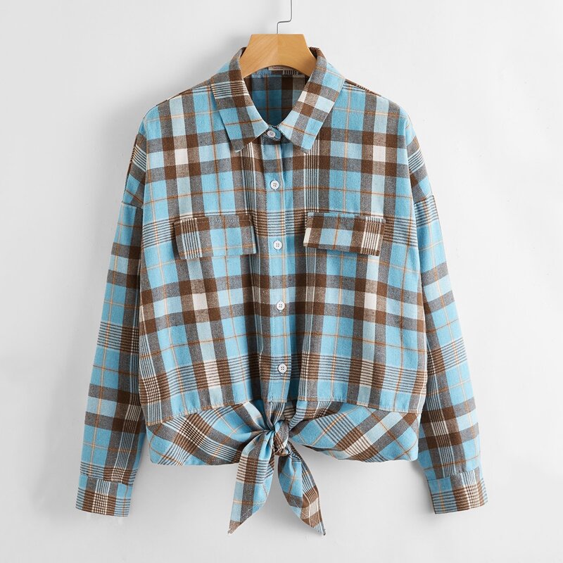 

Plaid Knot Hem Shirt, Multicolor