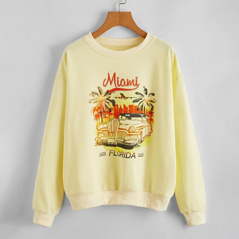 

Car & Letter Graphic Sweatshirt, Yellow pastel