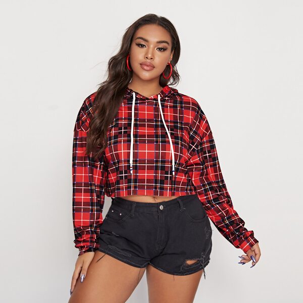 

Plus Drop Shoulder Tartan Crop Hoodie, Multicolor