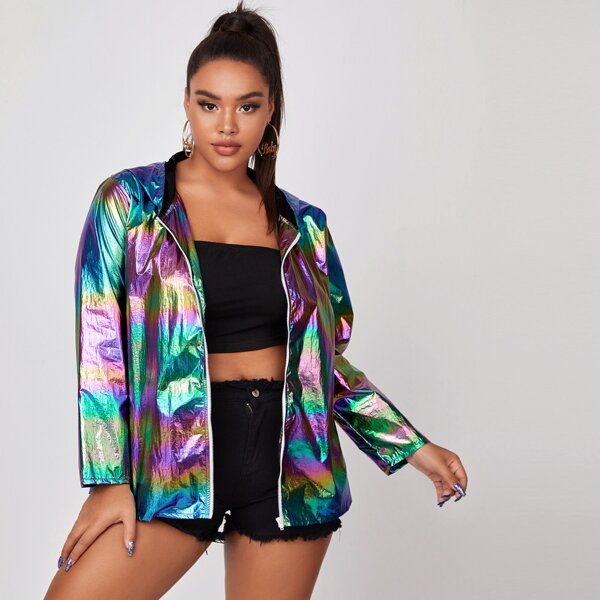 

Plus Zipper Placket Hooded Hologram Jacket, Multicolor