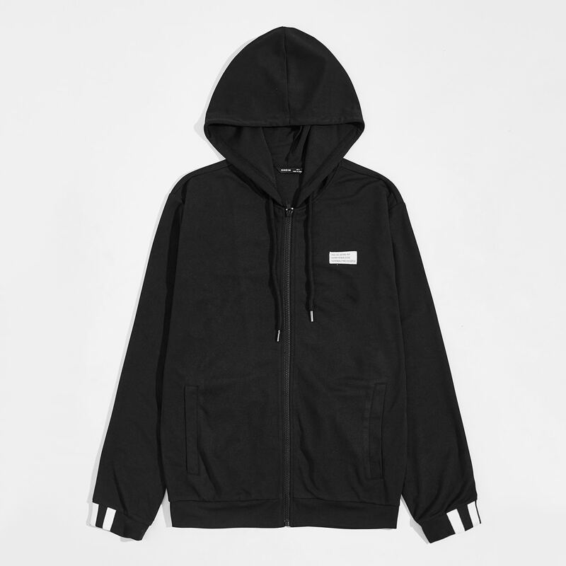 

Guys Patched Detail Zipper Placket Drawstring Hooded Jacket, Black