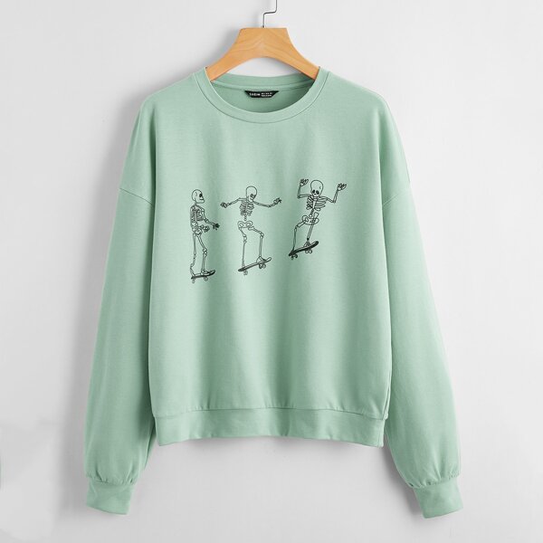 

Skull Print Drop Shoulder Pullover, Pastel mint green