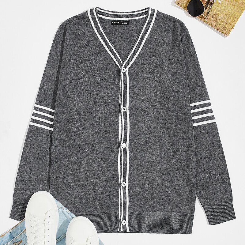 

Guys Striped Trim Single Breasted Up Cardigan, Dark grey
