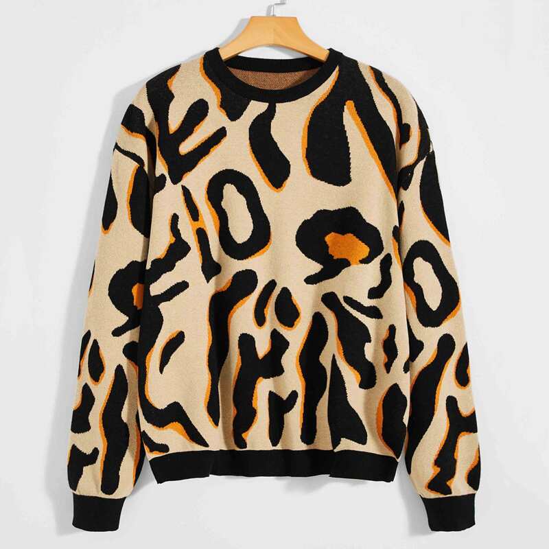 

Guys Drop Shoulder Leopard Sweater, Multicolor