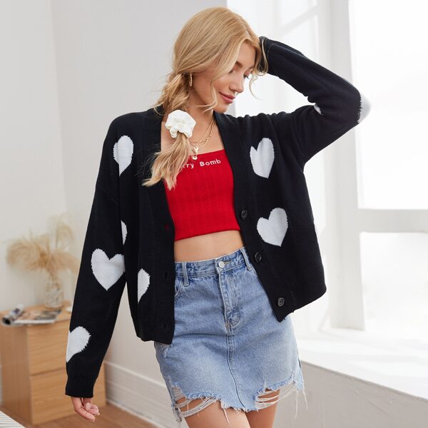 

Heart Pattern Drop Shoulder Cardigan, Black
