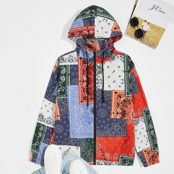 

Men Paisley Scarf Print Zip Up Hooded Jacket, Multicolor