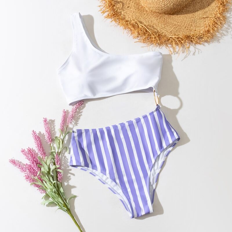 

Striped Ring Linked One Shoulder One Piece Swimsuit, Multicolor