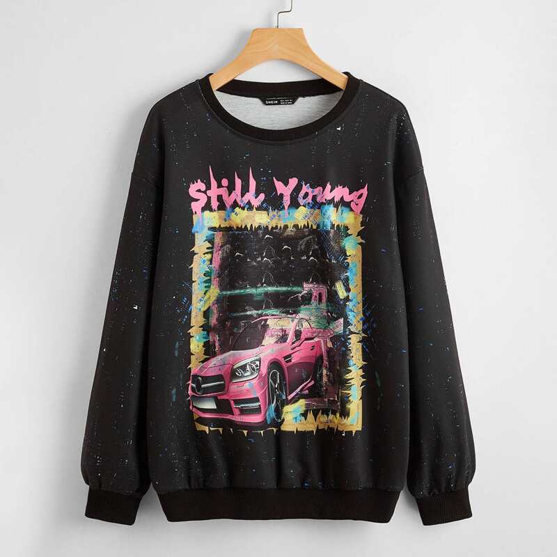 

Drop Shoulder Letter Graphic Pullover, Black
