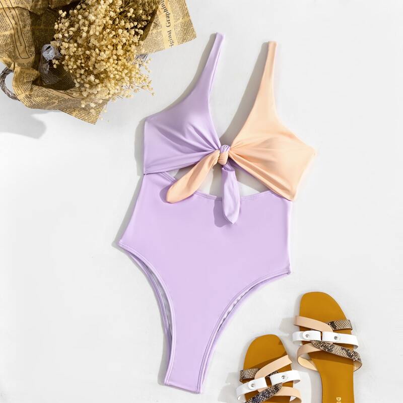

Two Tone Cut-out Knot Front One Piece Swimsuit, Pastel lilac purple
