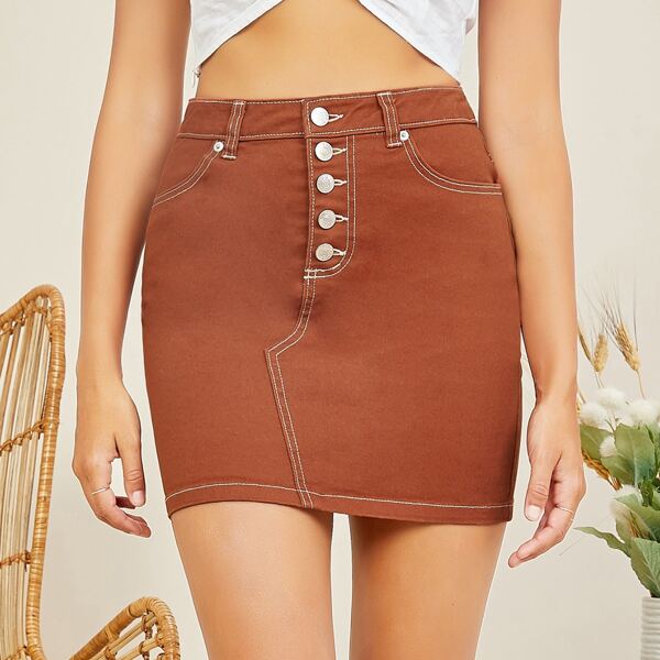 

Button Fly Denim Mini Pencil Skirt, Rust brown