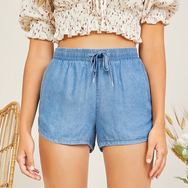 

Elastic Waist Dolphin Hem Shorts With Pockets, Medium wash