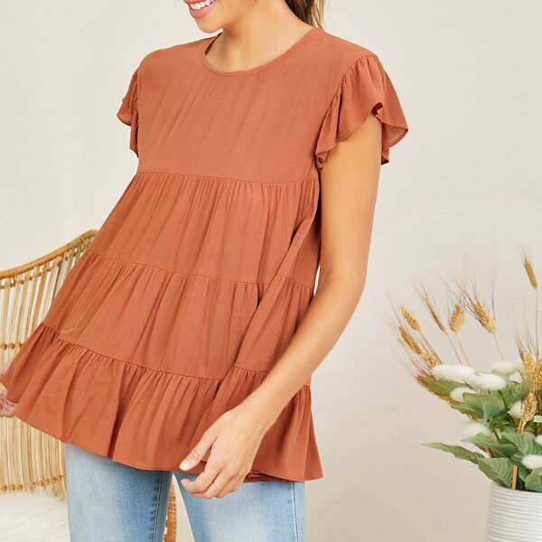 

Short Sleeve Shirred Tiered Top, Brown