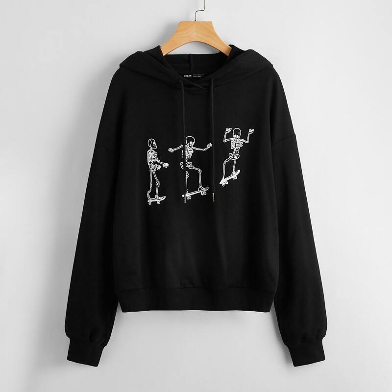 

Drop Shoulder Skeleton Print Drawstring Hoodie, Black