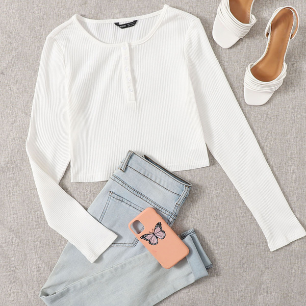 

Buttoned Half Placket Rib-knit Top, White