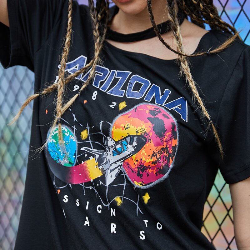 

Slogan And Planet Print Cut Out Tee Dress, Black