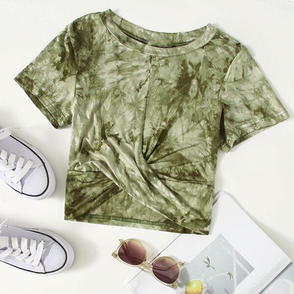 

Tie Dye Print Twist Hem Tee, Army green