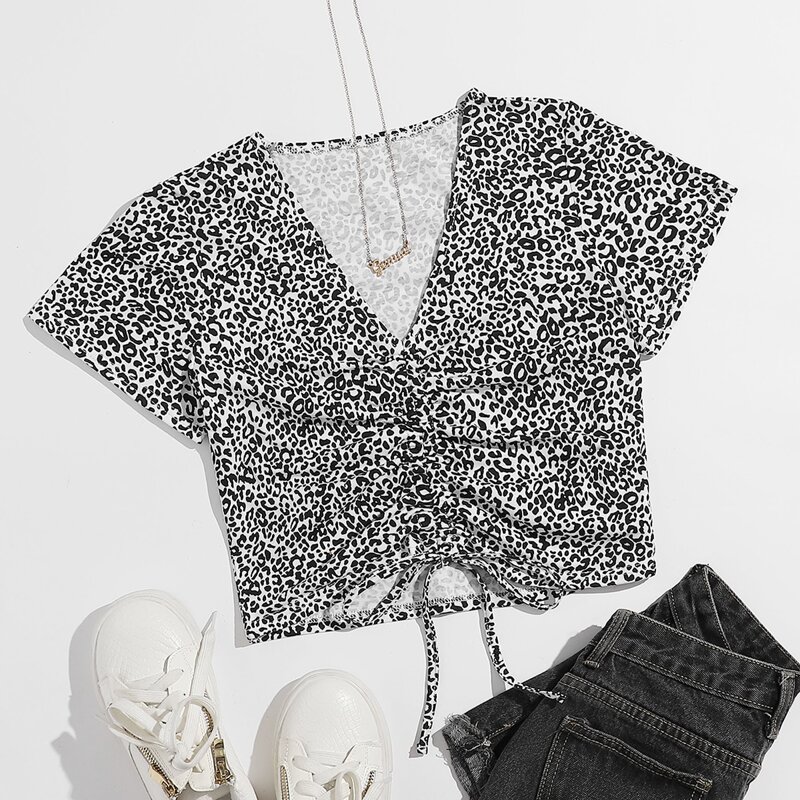 

Drawstring Front Leopard Crop Top, Black and white