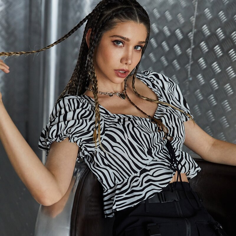 

Puff Sleeve Lace Up Front Zebra Striped Peplum Top, Black and white
