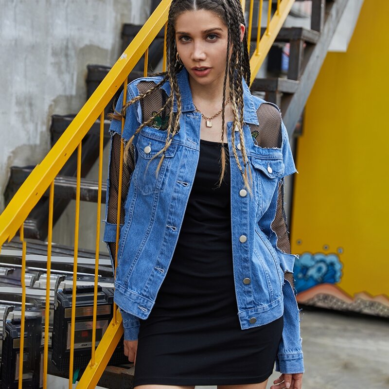 

Fishnet Mesh Insert Denim Jacket, Medium wash