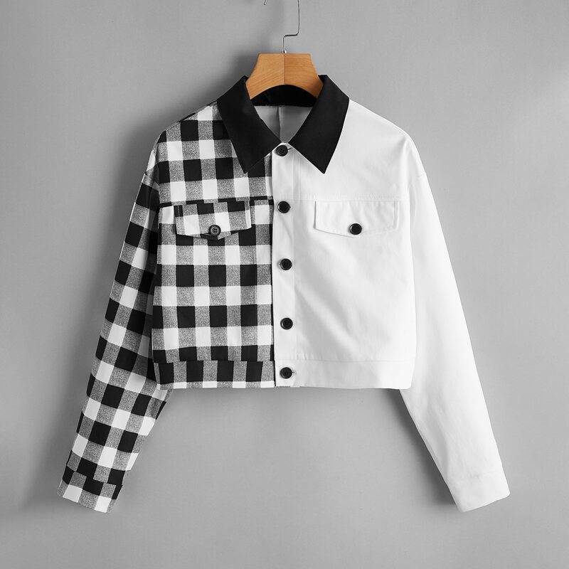 

Spliced Plaid Print Jacket, Black and white