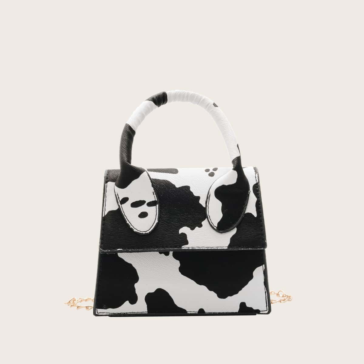 

Cow Print Mini Satchel Bag, Black and white