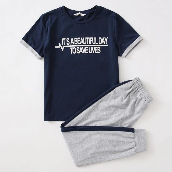 

Boys Slogan Graphic Top & Contrast Sideseam Pants PJ Set, Multicolor